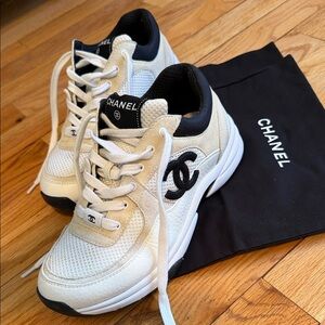 CHANEL Cream and Black Logo Sneakers